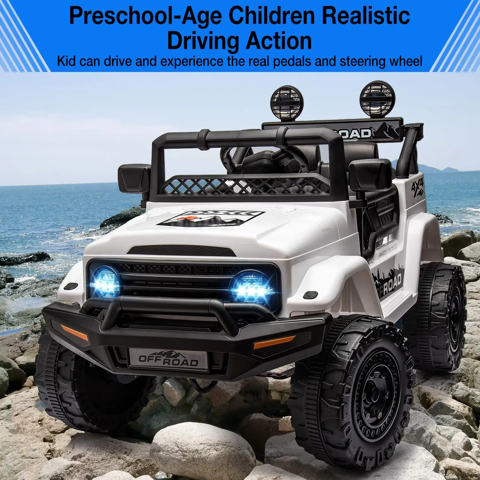 12V Kids Ride On Truck Car With Parent Remote, 3 Speeds, Spring Suspension, LED Lights, Music, Electric Toddler Toy