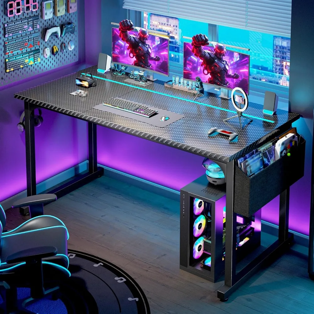 55" RGB LED Carbon Fiber Gaming Desk - Black, Side Storage, Headphone Hooks, Writing Study Table, Home Office, Metal Frame