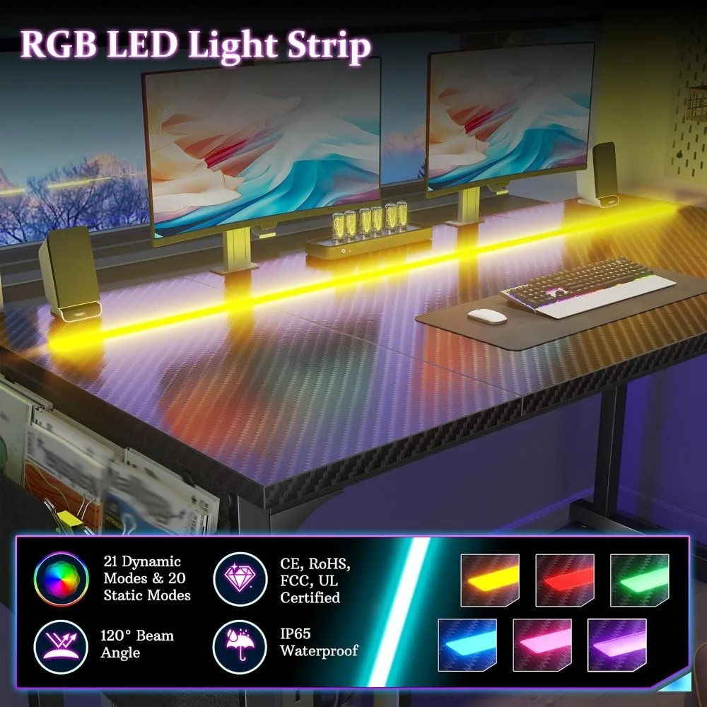 55" RGB LED Carbon Fiber Gaming Desk - Black, Side Storage, Headphone Hooks, Writing Study Table, Home Office, Metal Frame