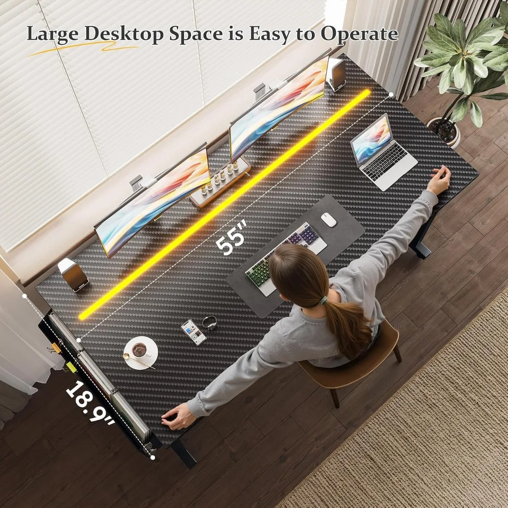 55" RGB LED Carbon Fiber Gaming Desk - Black, Side Storage, Headphone Hooks, Writing Study Table, Home Office, Metal Frame