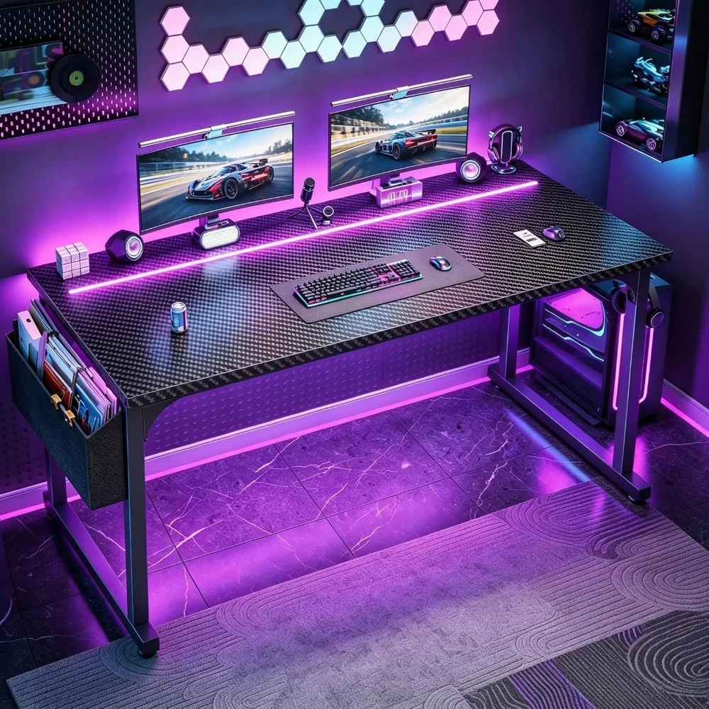55" RGB LED Carbon Fiber Gaming Desk - Black, Side Storage, Headphone Hooks, Writing Study Table, Home Office, Metal Frame