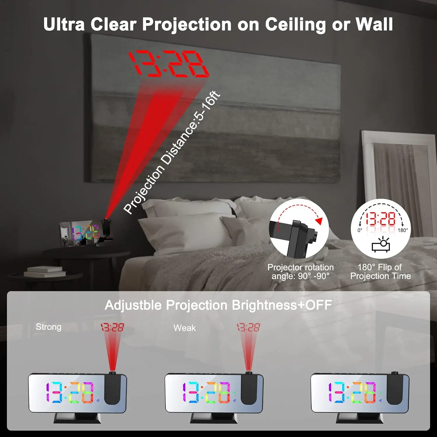 Multi-Functional Projection Alarm Clock Mirror LED Display Auto Dimming Light Snooze Dual Alarms 180° Rotatable Time Projector for Bedroom Decoration
