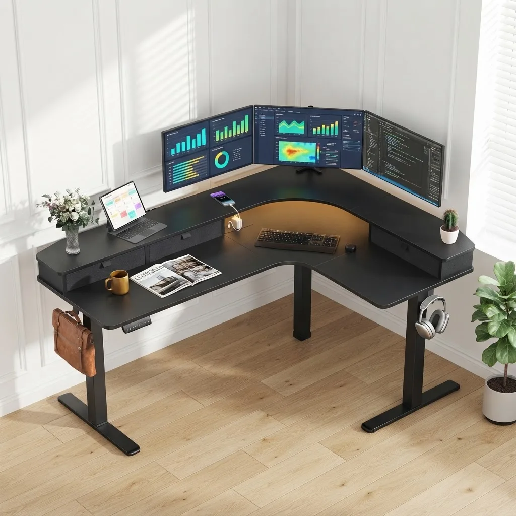 65" L‑Shaped Electric Standing Desk with 3 Drawers, Sit‑to‑Stand Height Adjustable Workstation 4 Memory Presets, Built‑in Power Strip USB‑A&Type‑C, Monitor Riser with LED Light, Cable Management Tray, Dual Motor 220 lbs Corner Desk