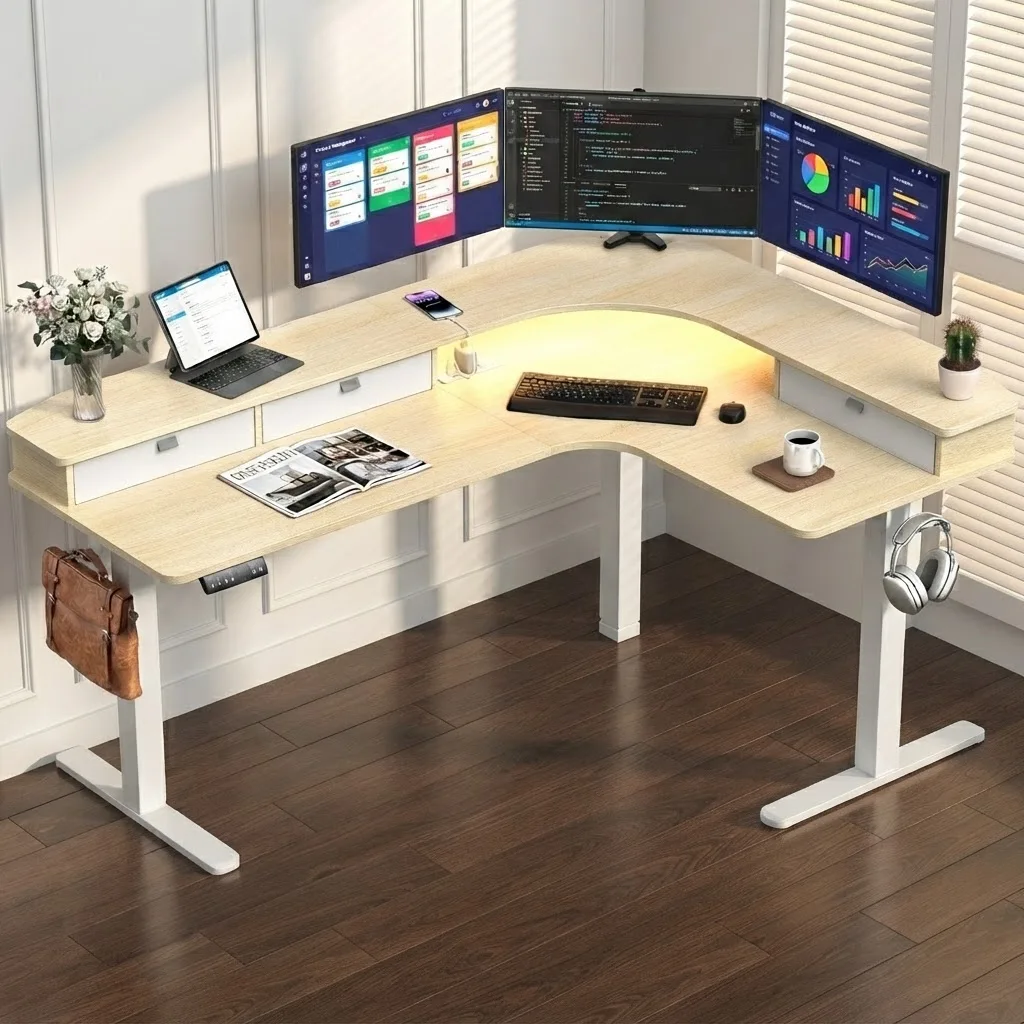 65" L‑Shaped Electric Standing Desk with 3 Drawers, Sit‑to‑Stand Height Adjustable Workstation 4 Memory Presets, Built‑in Power Strip USB‑A&Type‑C, Monitor Riser with LED Light, Cable Management Tray, Dual Motor 220 lbs Corner Desk