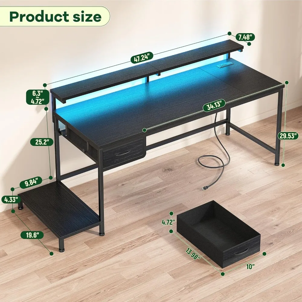 47.2" Gaming Desk with Power Outlet and LED Lights | Perfect for Bedrooms, Small Spaces, and Home Offices