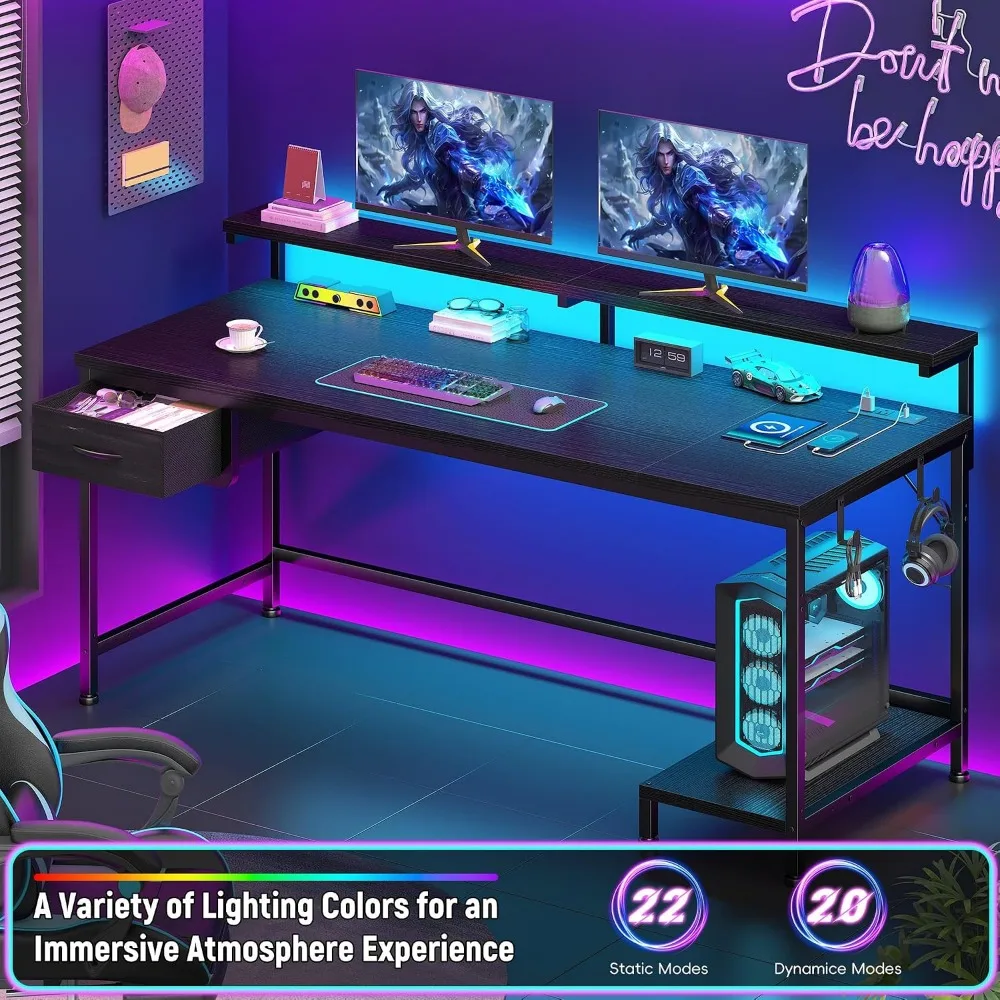 47.2" Gaming Desk with Power Outlet and LED Lights | Perfect for Bedrooms, Small Spaces, and Home Offices