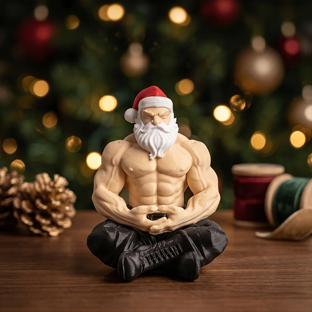 3-Piece Muscular Santa Claus Figurine Set - Funny Holiday Gift & Humorous Gag Gift for Office Desk - Collectible Buff Santa Statue Ornament - Flexing & Meditating Art Toys, Unique Christmas & Halloween Decoration