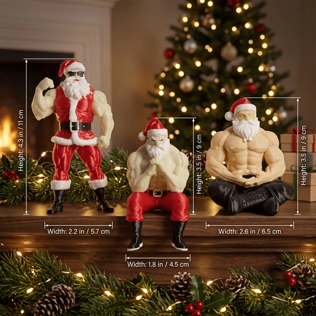 3-Piece Muscular Santa Claus Figurine Set - Funny Holiday Gift & Humorous Gag Gift for Office Desk - Collectible Buff Santa Statue Ornament - Flexing & Meditating Art Toys, Unique Christmas & Halloween Decoration