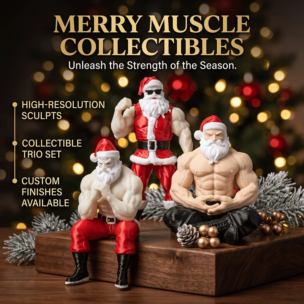 3-Piece Muscular Santa Claus Figurine Set - Funny Holiday Gift & Humorous Gag Gift for Office Desk - Collectible Buff Santa Statue Ornament - Flexing & Meditating Art Toys, Unique Christmas & Halloween Decoration