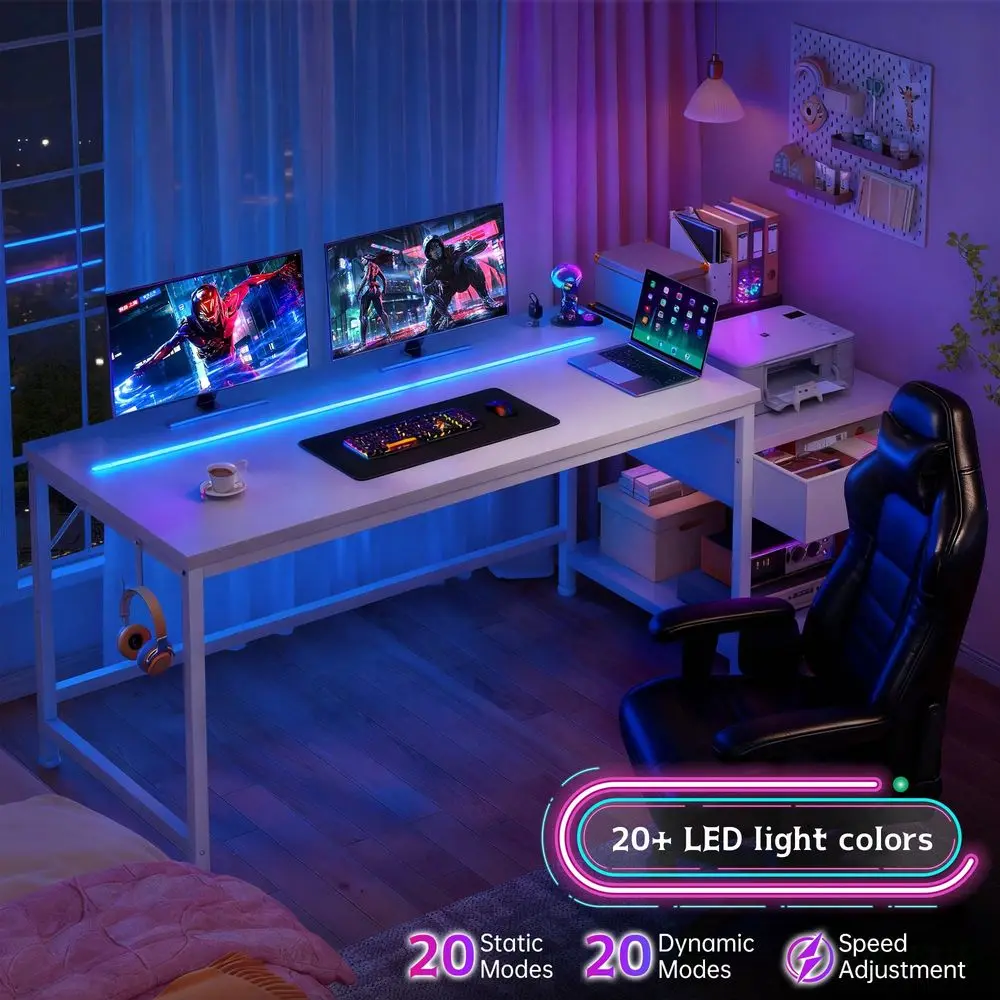 56 Inch Gaming Desk With Power Outlet LED Lights Computer Desk With Fabric Drawer Storage Shelf Small Desk For Bedroom,Dorm