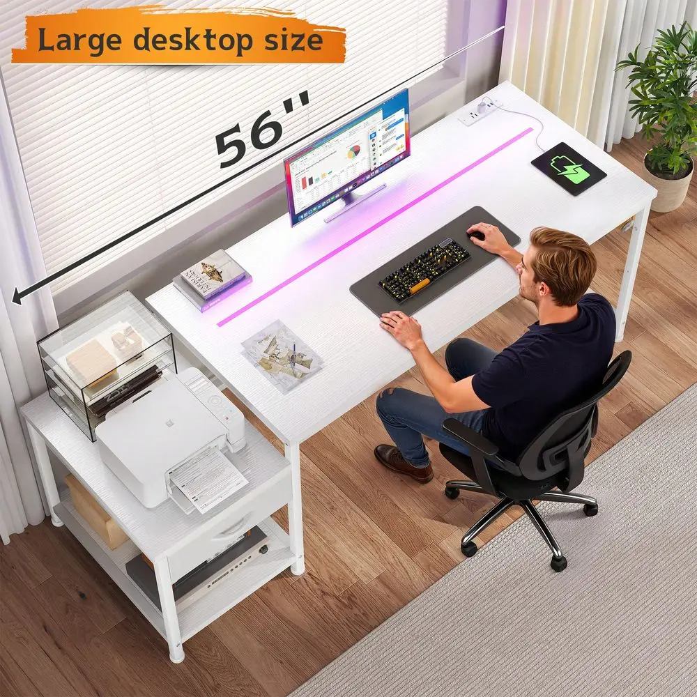 56 Inch Gaming Desk With Power Outlet LED Lights Computer Desk With Fabric Drawer Storage Shelf Small Desk For Bedroom,Dorm