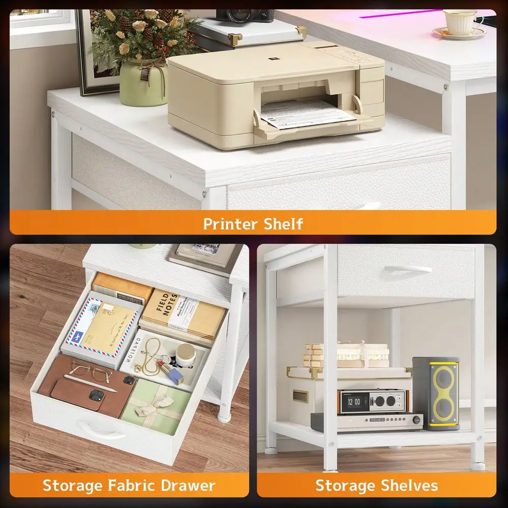 56 Inch Gaming Desk With Power Outlet LED Lights Computer Desk With Fabric Drawer Storage Shelf Small Desk For Bedroom,Dorm