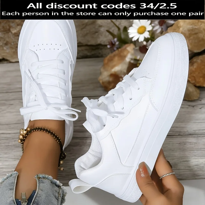 Women White Platform Sneakers 2026 New Fashion Lace Up Skate Shoes Ladies Light Soft Leather Casual Walking Shoes Non Slip Flat Sole All Match Daily Outdoor Comfy Versatile White Trainer Footwear Trendy Minimalist Basic White Sneakers for Daily Travel Sho