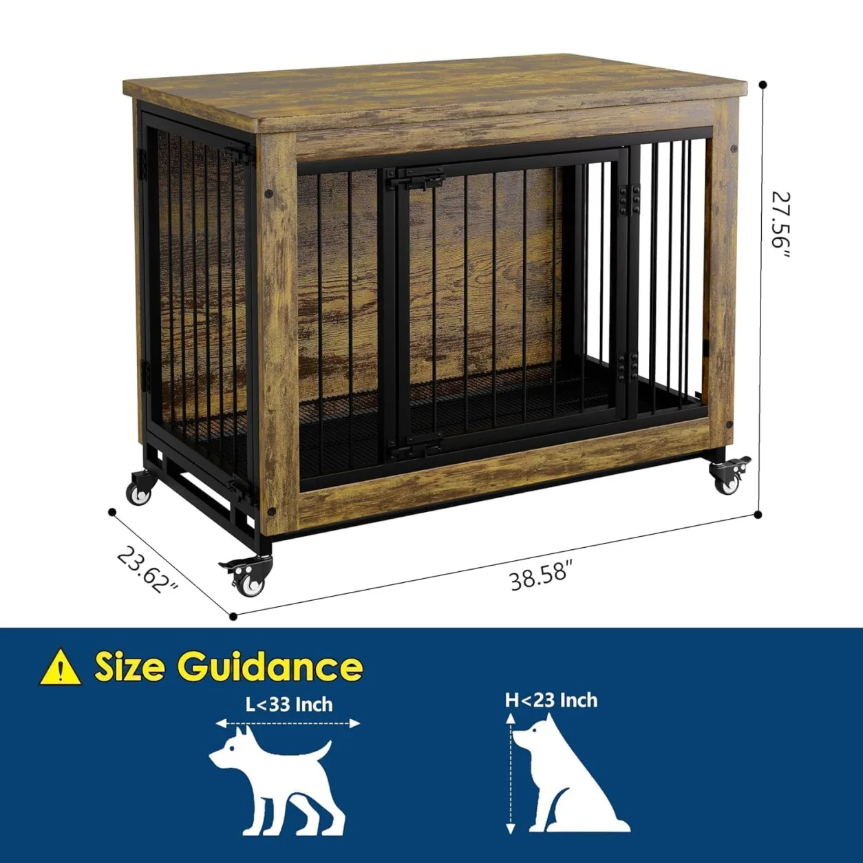 38 Inch Dog Crate Furniture Wooden Dog Kennel End Table with 3 Doors Locking Wheels Removable Tray Divider Indoor Pet Cage Side Table for Small Medium Dogs Retro Brown