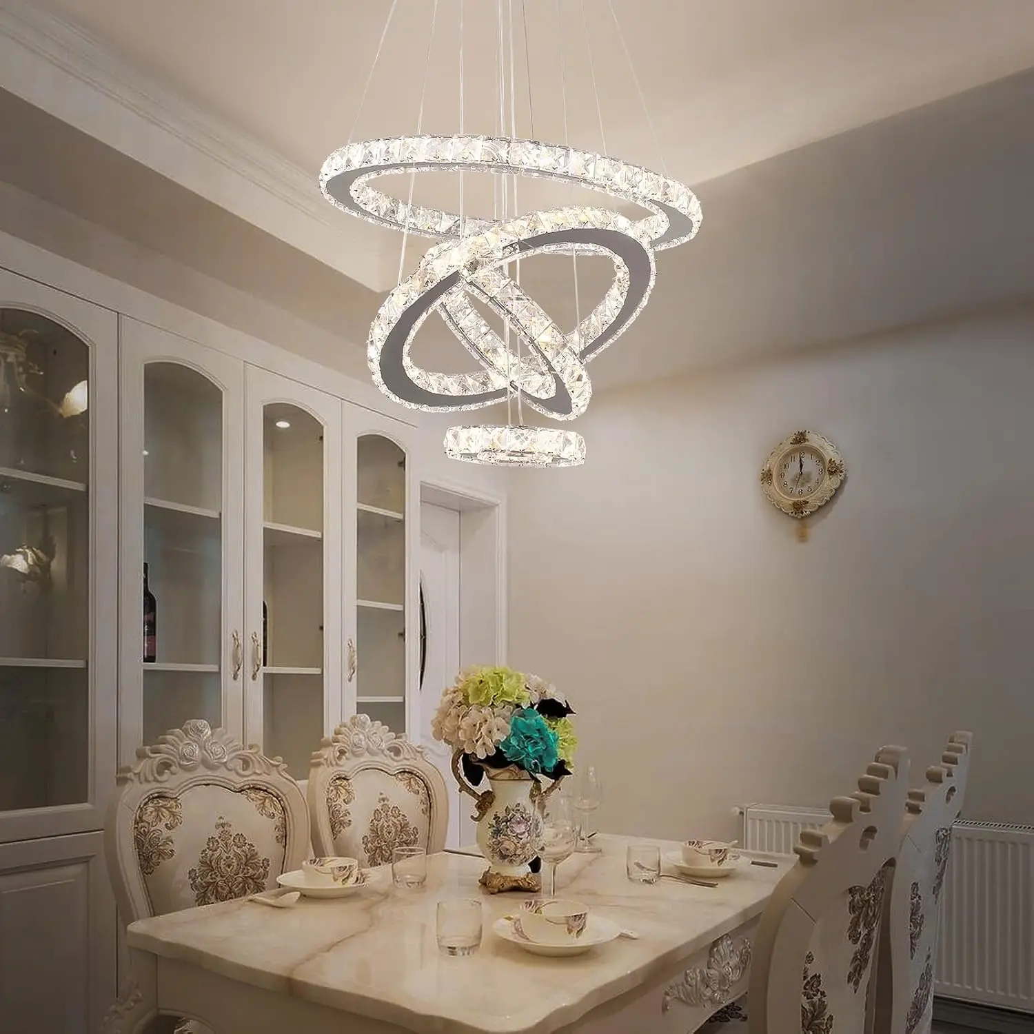 4-Ring Crystal Chandelier, Dimmable LED Pendant