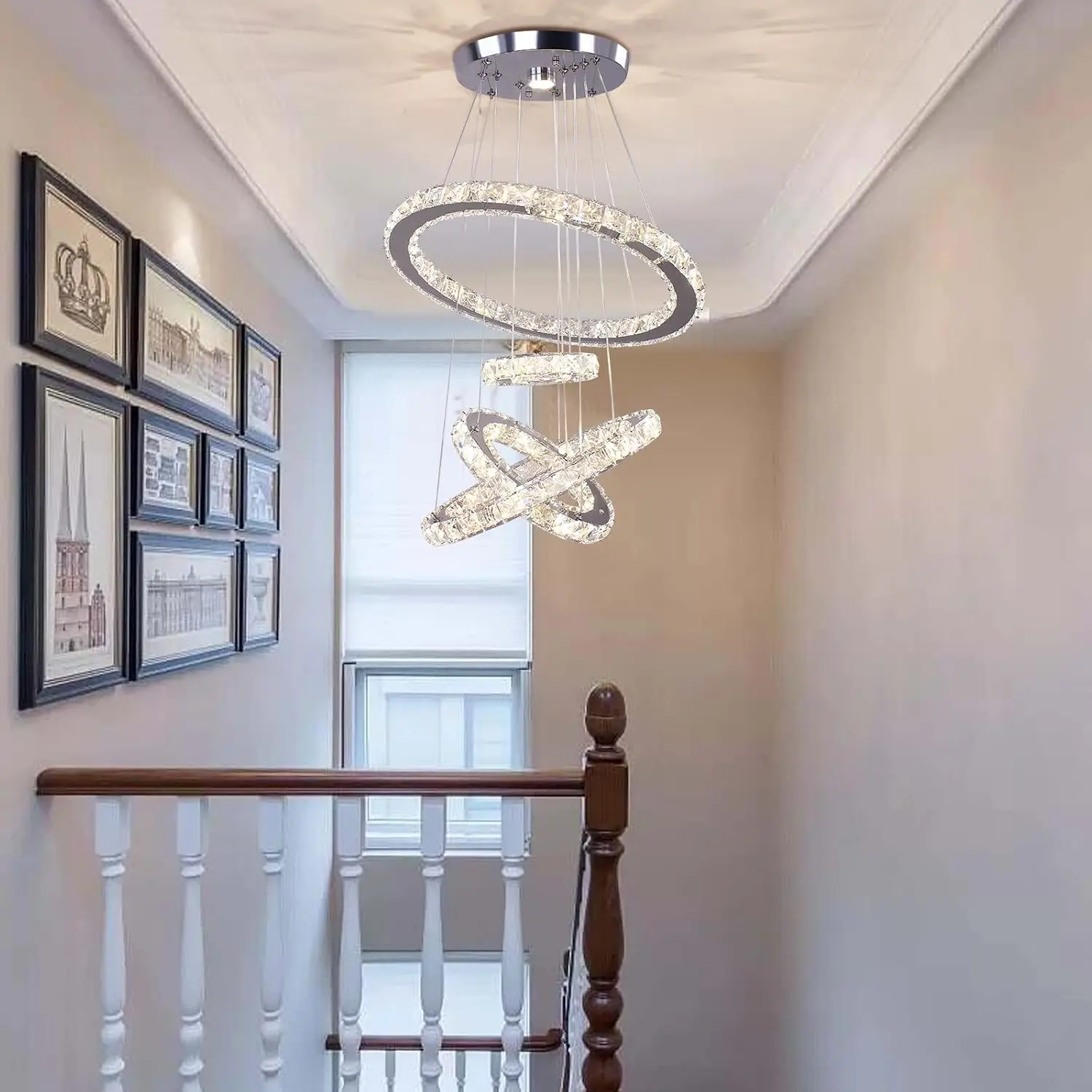 4-Ring Crystal Chandelier, Dimmable LED Pendant
