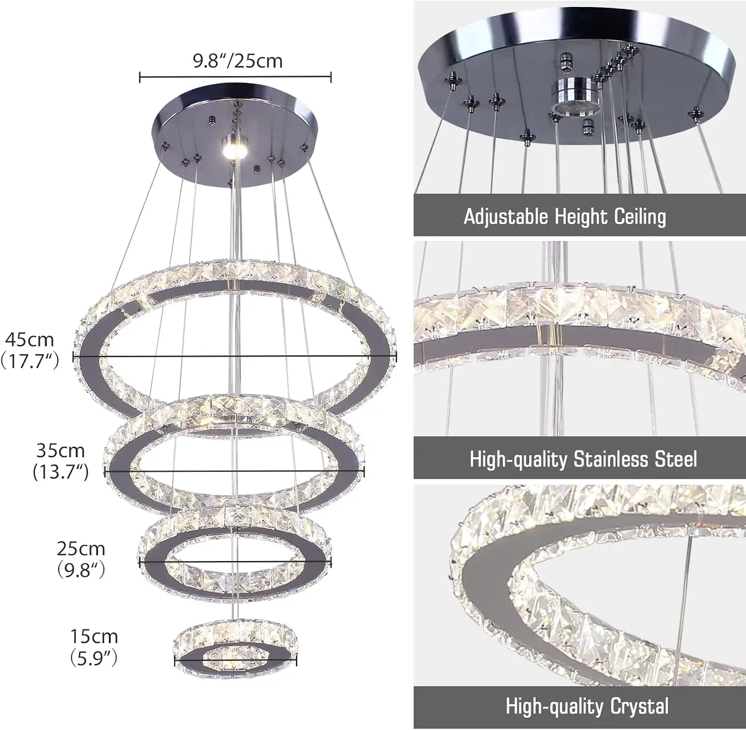 4-Ring Crystal Chandelier, Dimmable LED Pendant