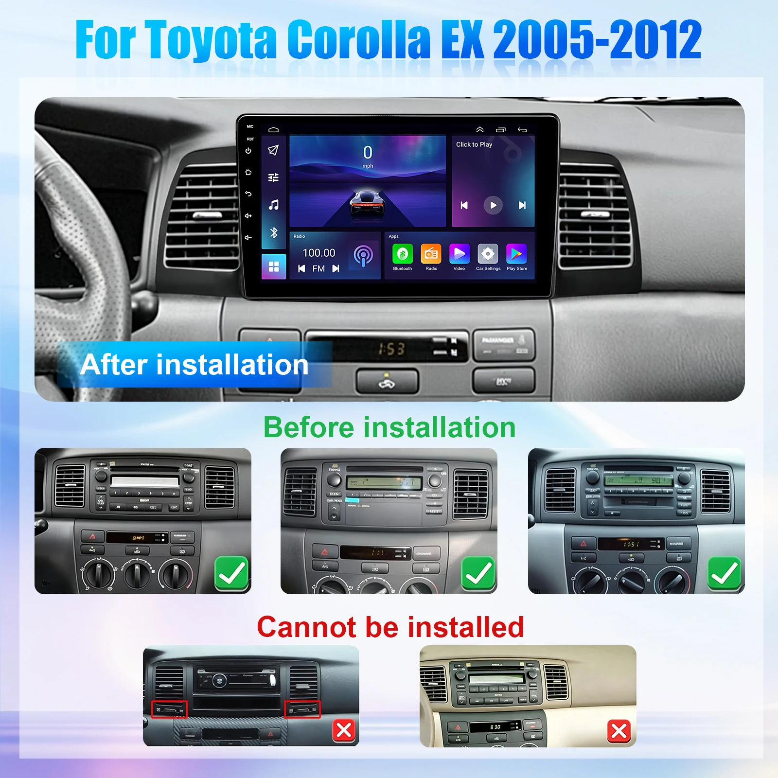 Car Radio Stereo 9-inch Android 15 GPS Navi Head Unit with Carplay and Android Auto FM/RDS DSP SWC WiFi Bluetooth Mirror Link 2+64G Car Player for Toyota Corolla 2005-2012