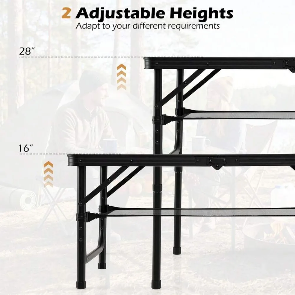 3 FT Folding Camping Table Adjustable Height Portable Picnic Side Table with Storage Net Carry Handle Heavy Duty Aluminum Frame for Outdoor Beach Tailgate BBQ Patio