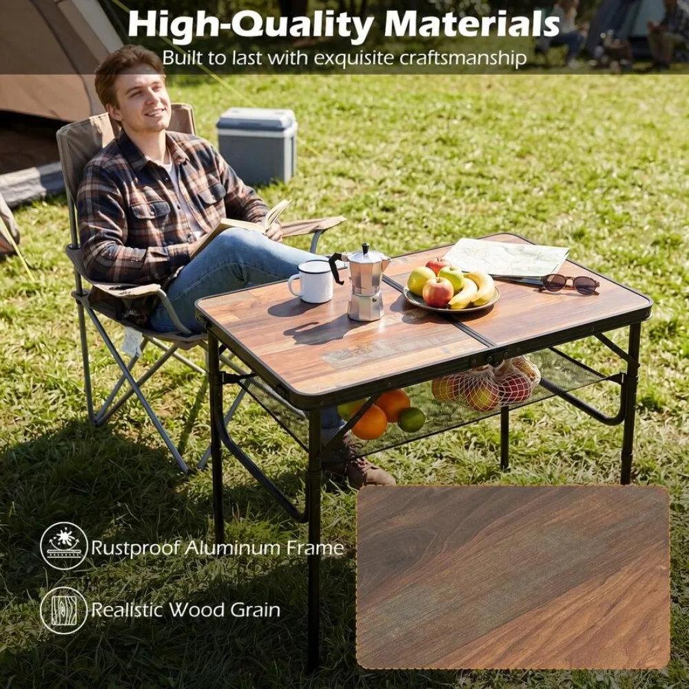 3 FT Folding Camping Table Adjustable Height Portable Picnic Side Table with Storage Net Carry Handle Heavy Duty Aluminum Frame for Outdoor Beach Tailgate BBQ Patio