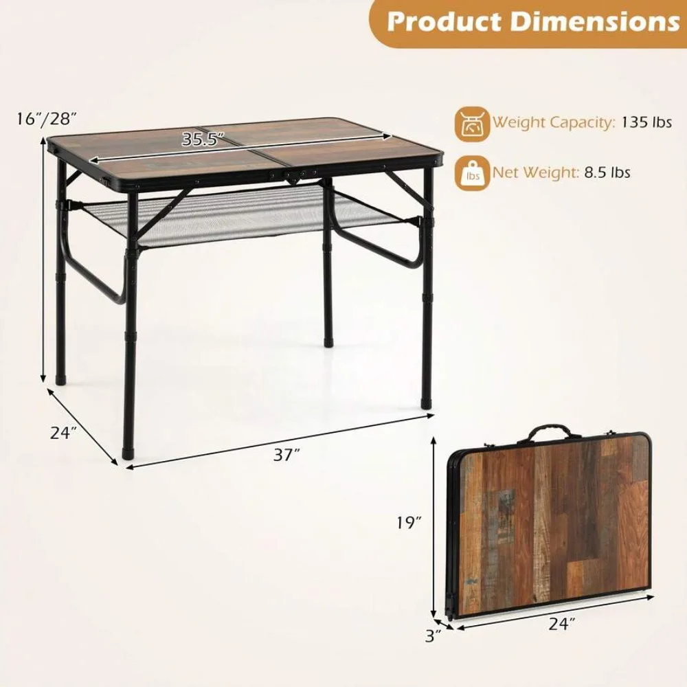 3 FT Folding Camping Table Adjustable Height Portable Picnic Side Table with Storage Net Carry Handle Heavy Duty Aluminum Frame for Outdoor Beach Tailgate BBQ Patio