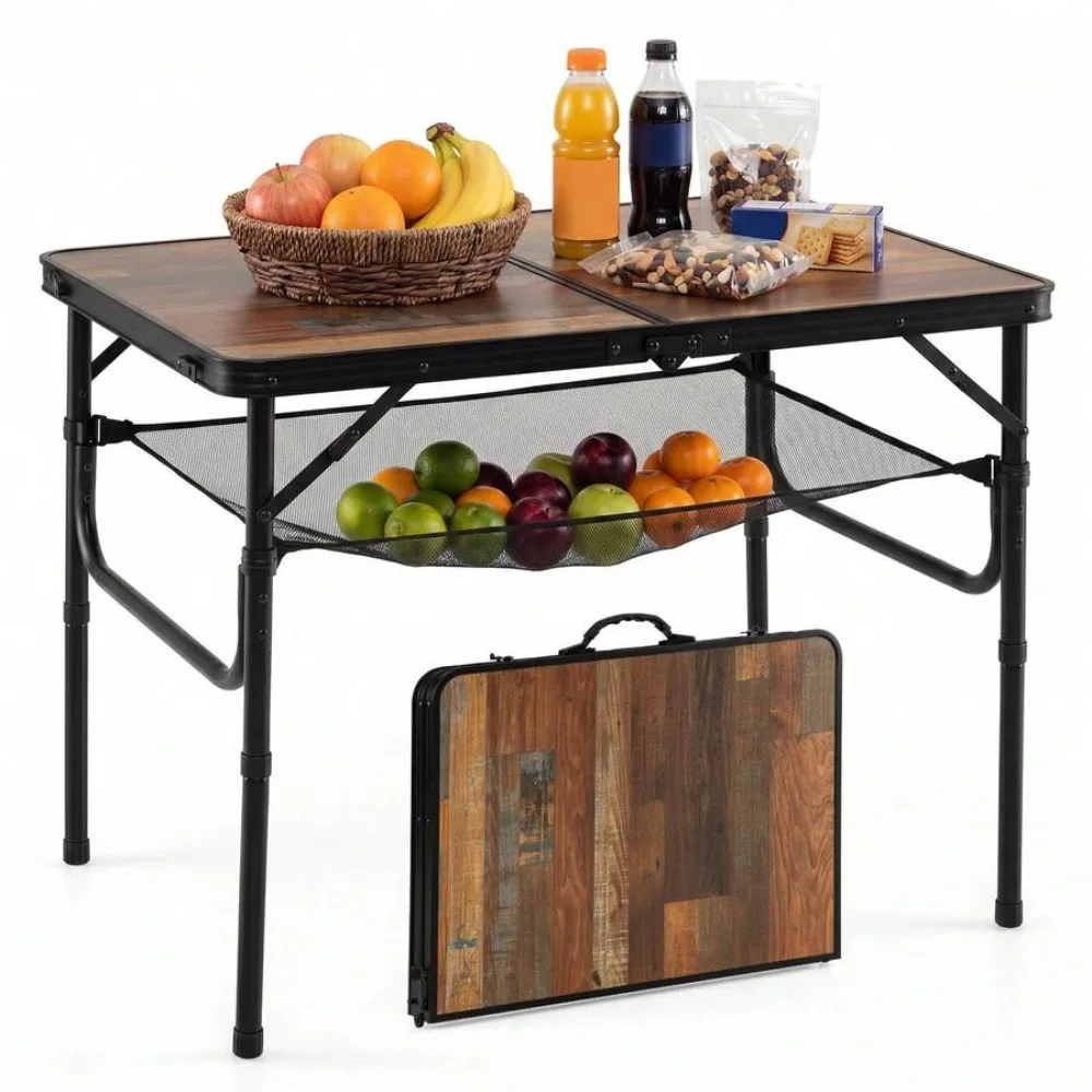 3 FT Folding Camping Table Adjustable Height Portable Picnic Side Table with Storage Net Carry Handle Heavy Duty Aluminum Frame for Outdoor Beach Tailgate BBQ Patio