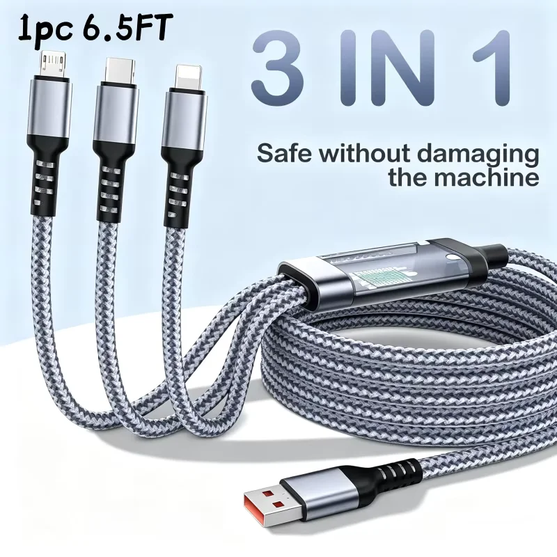 1PC Grey 2M/6.5FT USB Nylon Braided 3 In 1 Fast Charging Cable With Type-C, Micro USB, IP Port,For Iphone For Samsung For Huawei, Multi Port Multiple Charging Wire