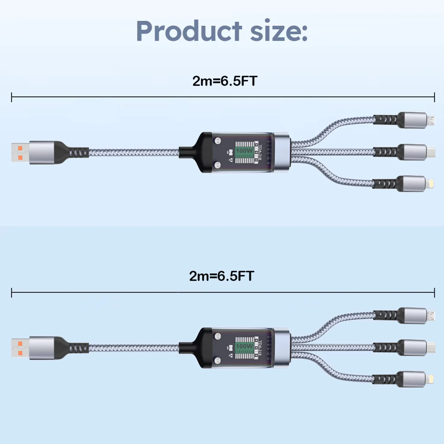 1PC Grey 2M/6.5FT USB Nylon Braided 3 In 1 Fast Charging Cable With Type-C, Micro USB, IP Port,For Iphone For Samsung For Huawei, Multi Port Multiple Charging Wire