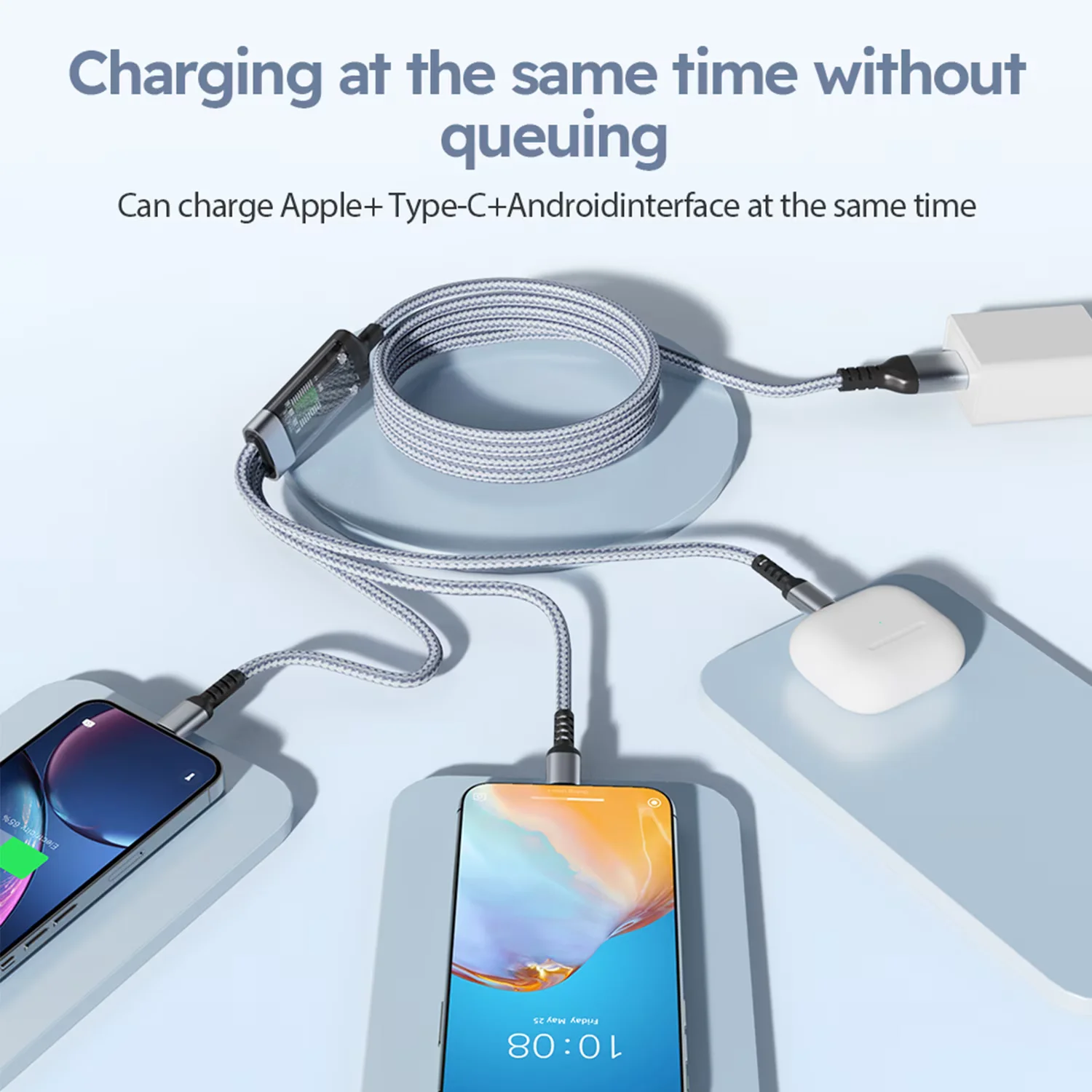 1PC Grey 2M/6.5FT USB Nylon Braided 3 In 1 Fast Charging Cable With Type-C, Micro USB, IP Port,For Iphone For Samsung For Huawei, Multi Port Multiple Charging Wire