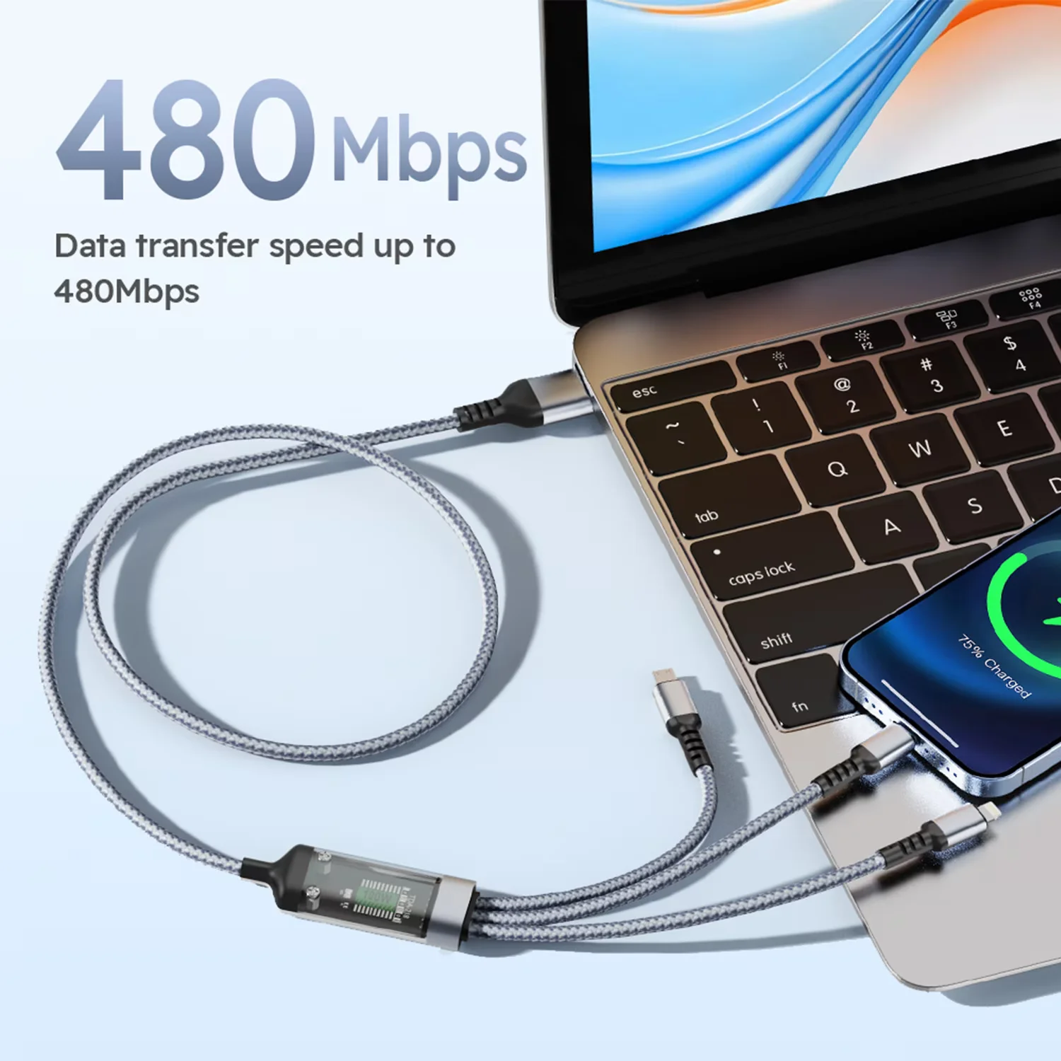 1PC Grey 2M/6.5FT USB Nylon Braided 3 In 1 Fast Charging Cable With Type-C, Micro USB, IP Port,For Iphone For Samsung For Huawei, Multi Port Multiple Charging Wire