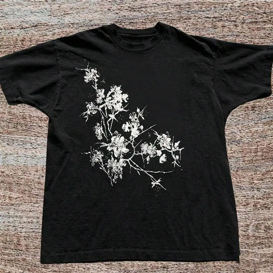 Unisex Retro Asian Aesthetic Casual Tops 1Pc Crew Neck Short Sleeve Grunge White Ink Cherry Blossom Branch Floral Brush‑Stroke Graphic Print Tees