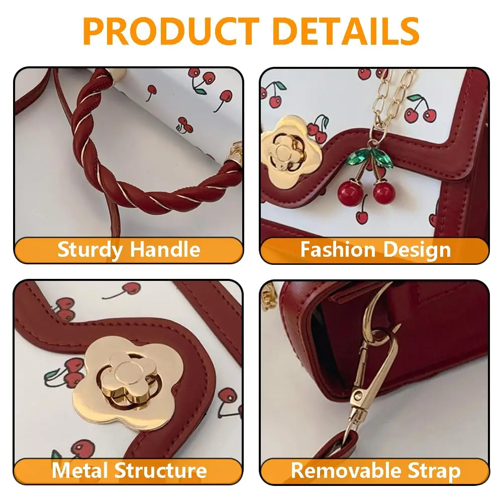 Women Mini Cherry Print Handbag Cute Twist Handle Crossbody Purse Flower Turn‑lock PU Leather Small Shoulder Bag With Cherry Pendant Removable Strap Fashion Daily Satchel Bag