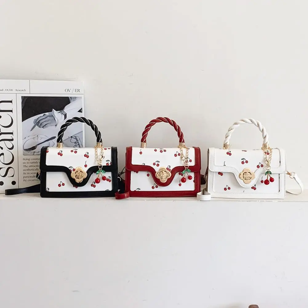 Women Mini Cherry Print Handbag Cute Twist Handle Crossbody Purse Flower Turn‑lock PU Leather Small Shoulder Bag With Cherry Pendant Removable Strap Fashion Daily Satchel Bag