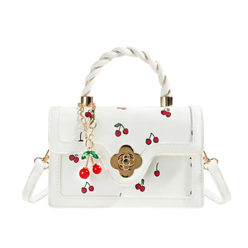 Women Mini Cherry Print Handbag Cute Twist Handle Crossbody Purse Flower Turn‑lock PU Leather Small Shoulder Bag With Cherry Pendant Removable Strap Fashion Daily Satchel Bag