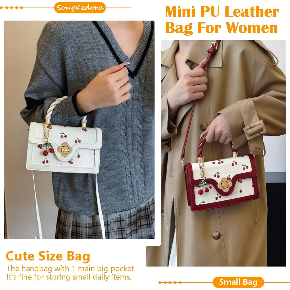 Women Mini Cherry Print Handbag Cute Twist Handle Crossbody Purse Flower Turn‑lock PU Leather Small Shoulder Bag With Cherry Pendant Removable Strap Fashion Daily Satchel Bag