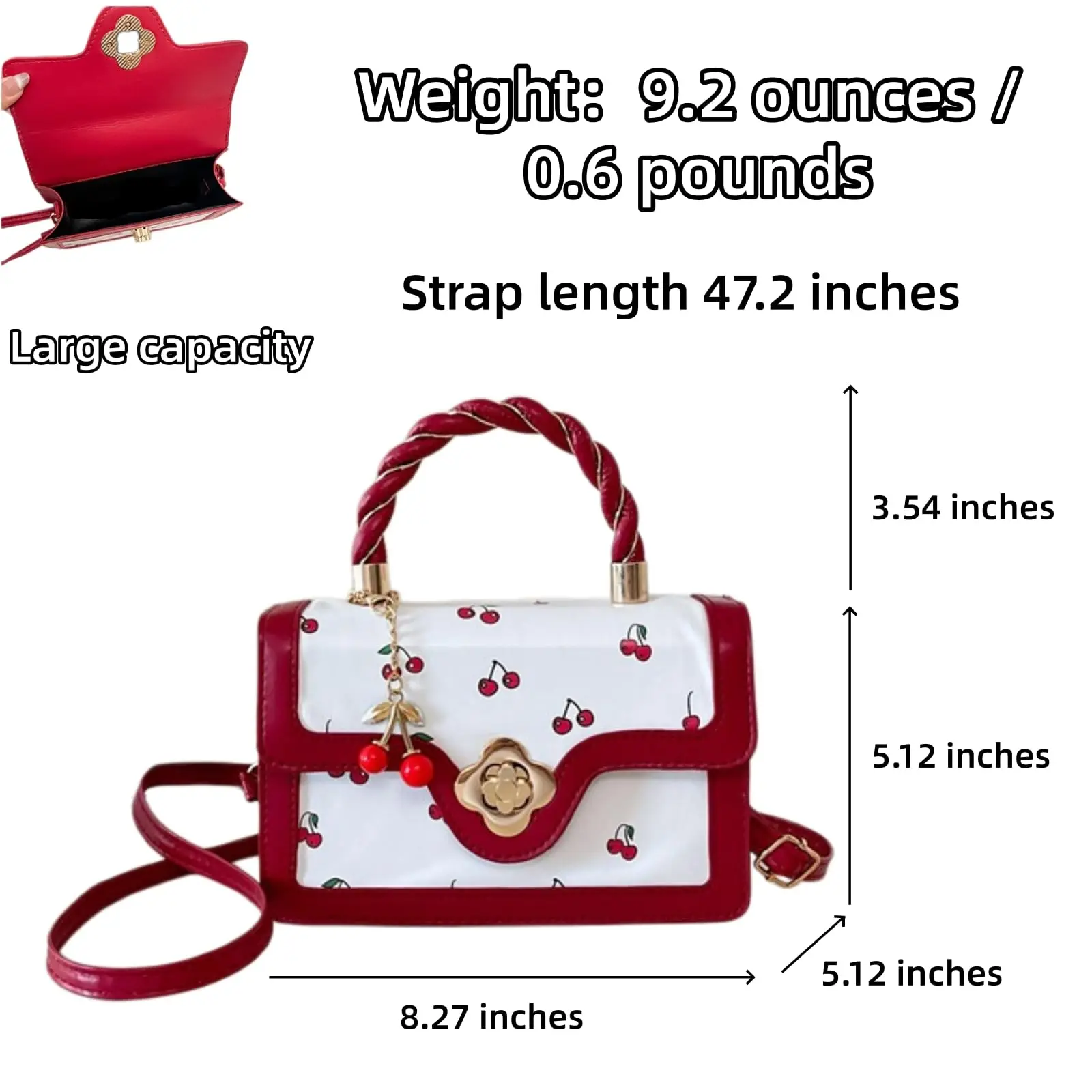 Women Mini Cherry Print Handbag Cute Twist Handle Crossbody Purse Flower Turn‑lock PU Leather Small Shoulder Bag With Cherry Pendant Removable Strap Fashion Daily Satchel Bag