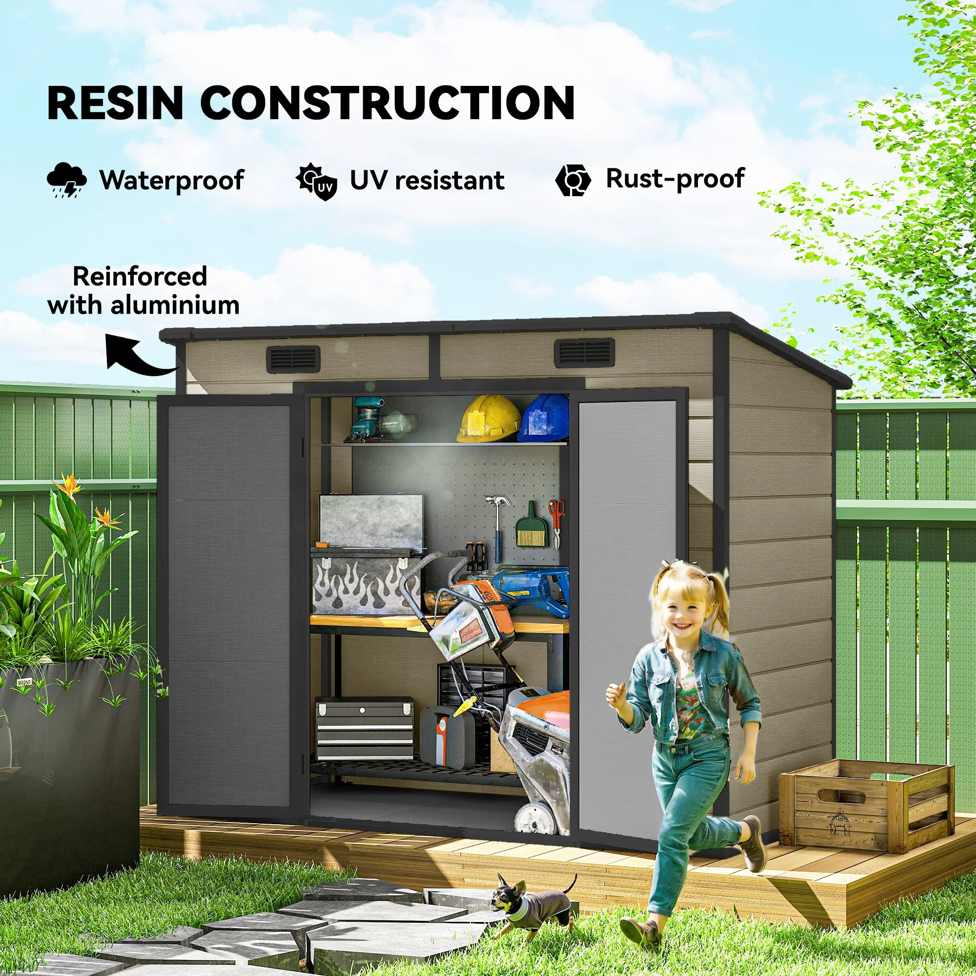 8' x 4' Outdoor Storage Shed, Resin Shed with Floor, Light Brown