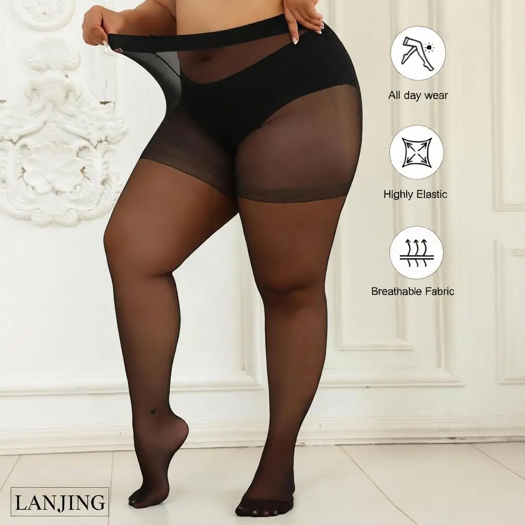 LANJING 15D Plus Size Black Sheer Pantyhose High Waist Anti Snag Office Thin Stockings