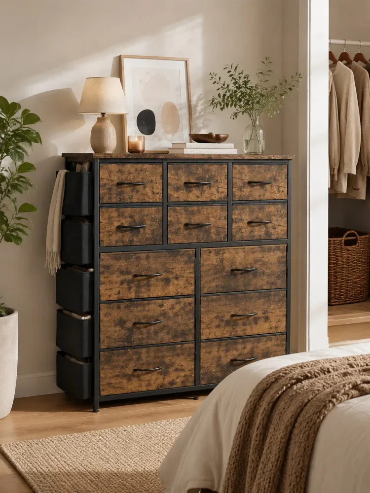 12 Drawer Fabric Dresser with Wood Top, Storage Chest Cabinet with Steel Frame and Side Pockets for Bedroom Home Organization