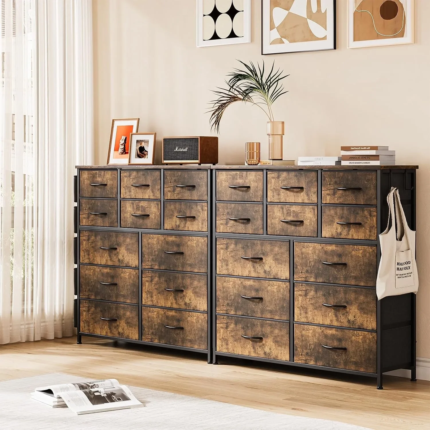12 Drawer Fabric Dresser with Wood Top, Storage Chest Cabinet with Steel Frame and Side Pockets for Bedroom Home Organization