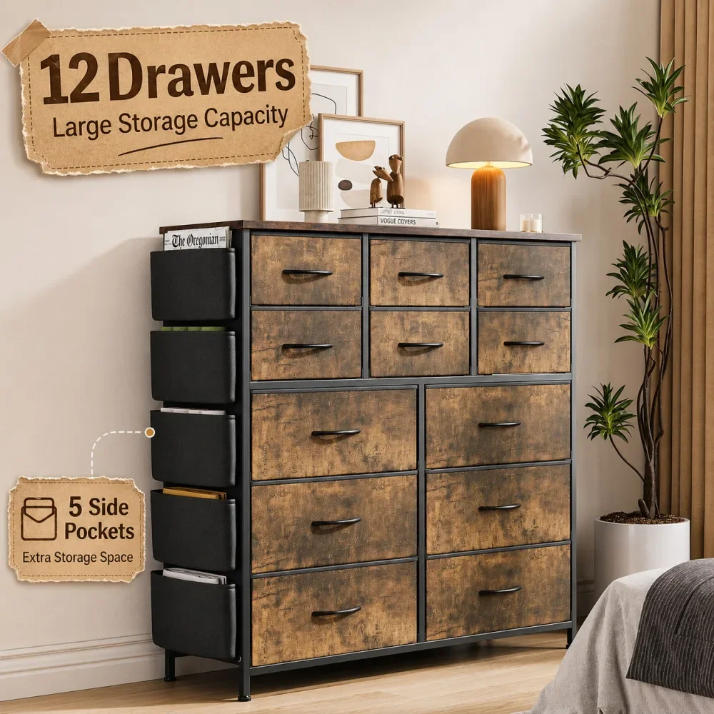 12 Drawer Fabric Dresser with Wood Top, Storage Chest Cabinet with Steel Frame and Side Pockets for Bedroom Home Organization