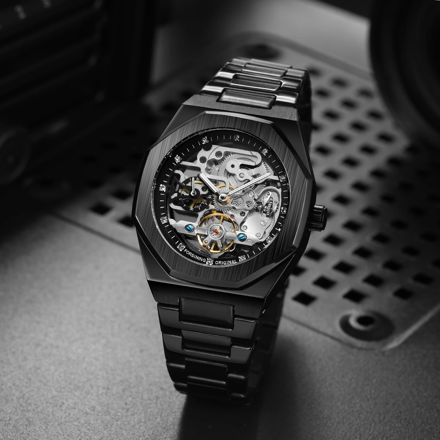 Forsining Business Mechanical Watch for Men Fashion Tourbillon Skeleton Mens Watches Top Brand Luxury Stainless Steel Strap Wristwatches