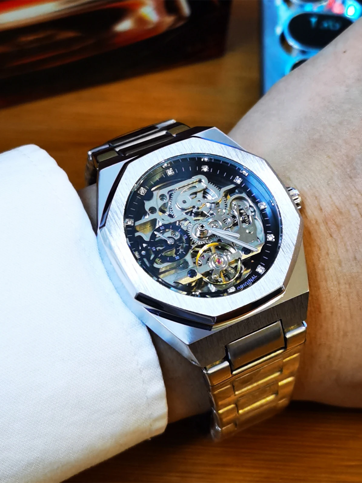 Forsining Business Mechanical Watch for Men Fashion Tourbillon Skeleton Mens Watches Top Brand Luxury Stainless Steel Strap Wristwatches