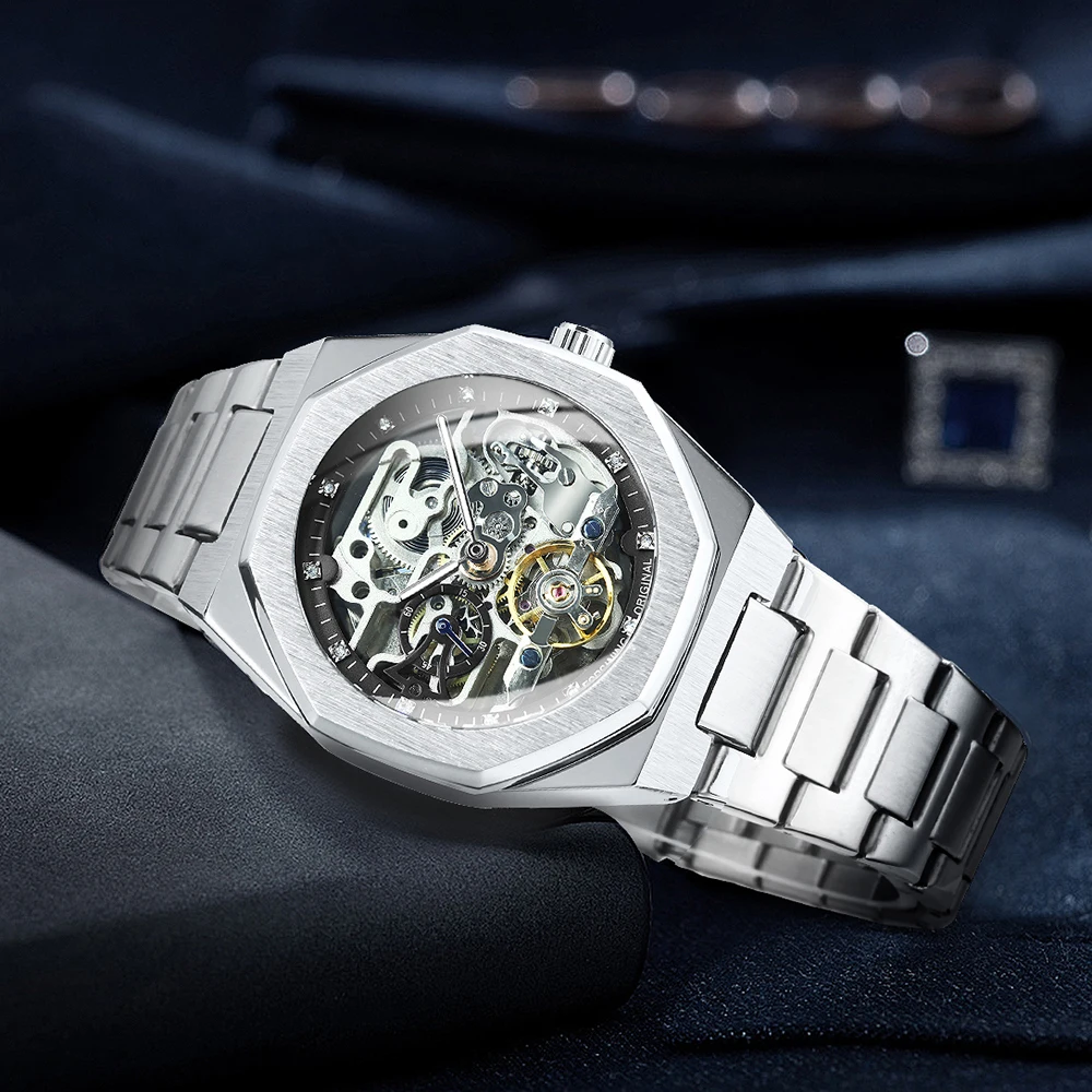 Forsining Business Mechanical Watch for Men Fashion Tourbillon Skeleton Mens Watches Top Brand Luxury Stainless Steel Strap Wristwatches
