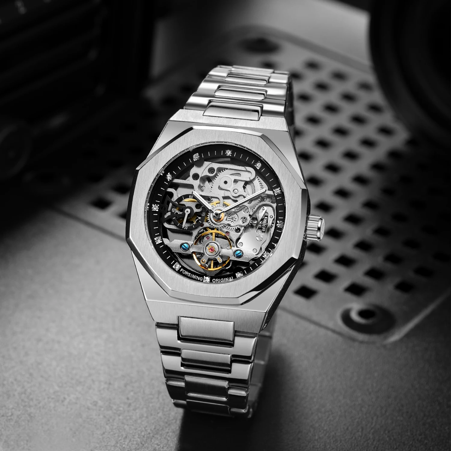 Forsining Business Mechanical Watch for Men Fashion Tourbillon Skeleton Mens Watches Top Brand Luxury Stainless Steel Strap Wristwatches