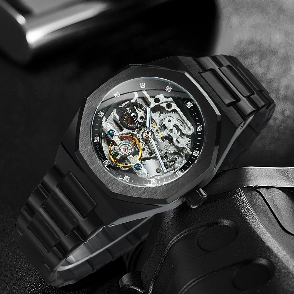 Forsining Business Mechanical Watch for Men Fashion Tourbillon Skeleton Mens Watches Top Brand Luxury Stainless Steel Strap Wristwatches