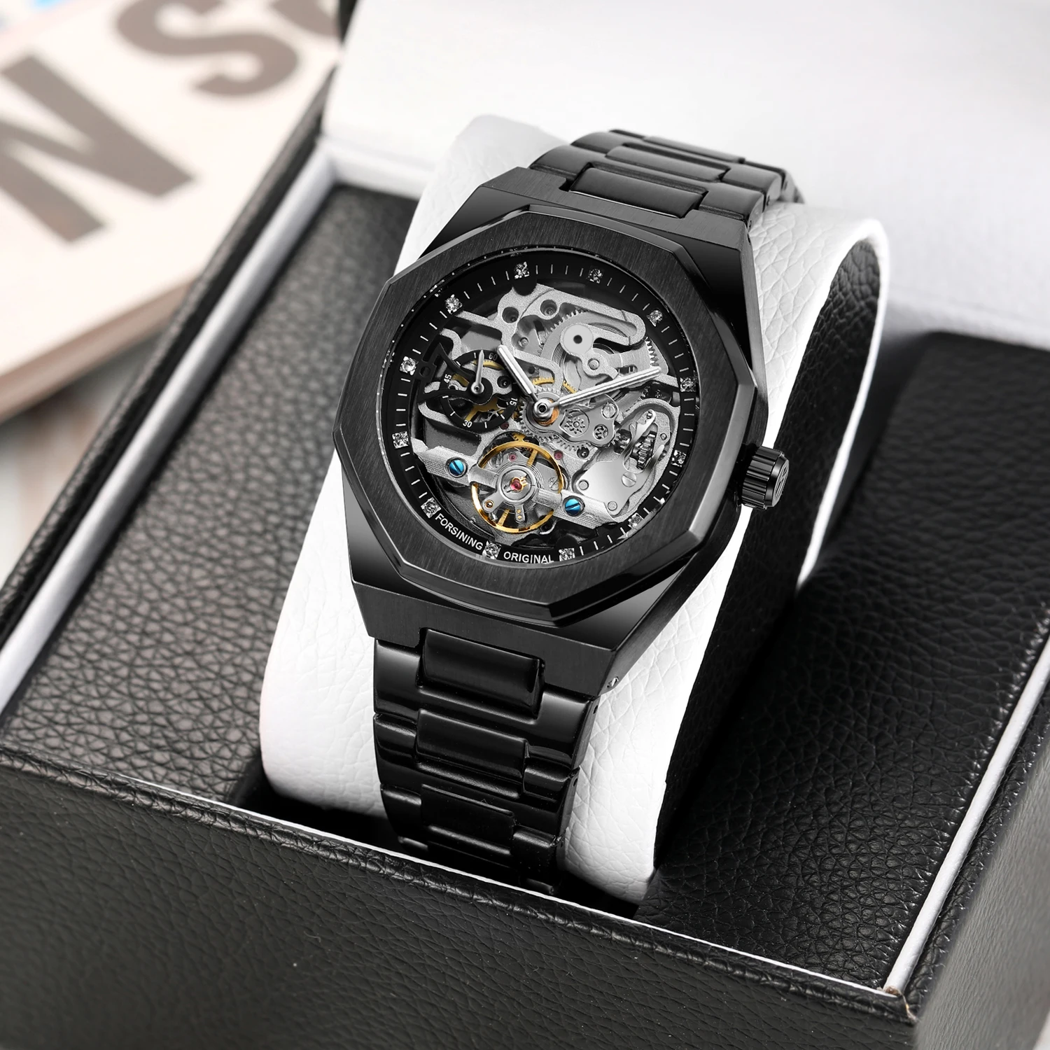 Forsining Business Mechanical Watch for Men Fashion Tourbillon Skeleton Mens Watches Top Brand Luxury Stainless Steel Strap Wristwatches