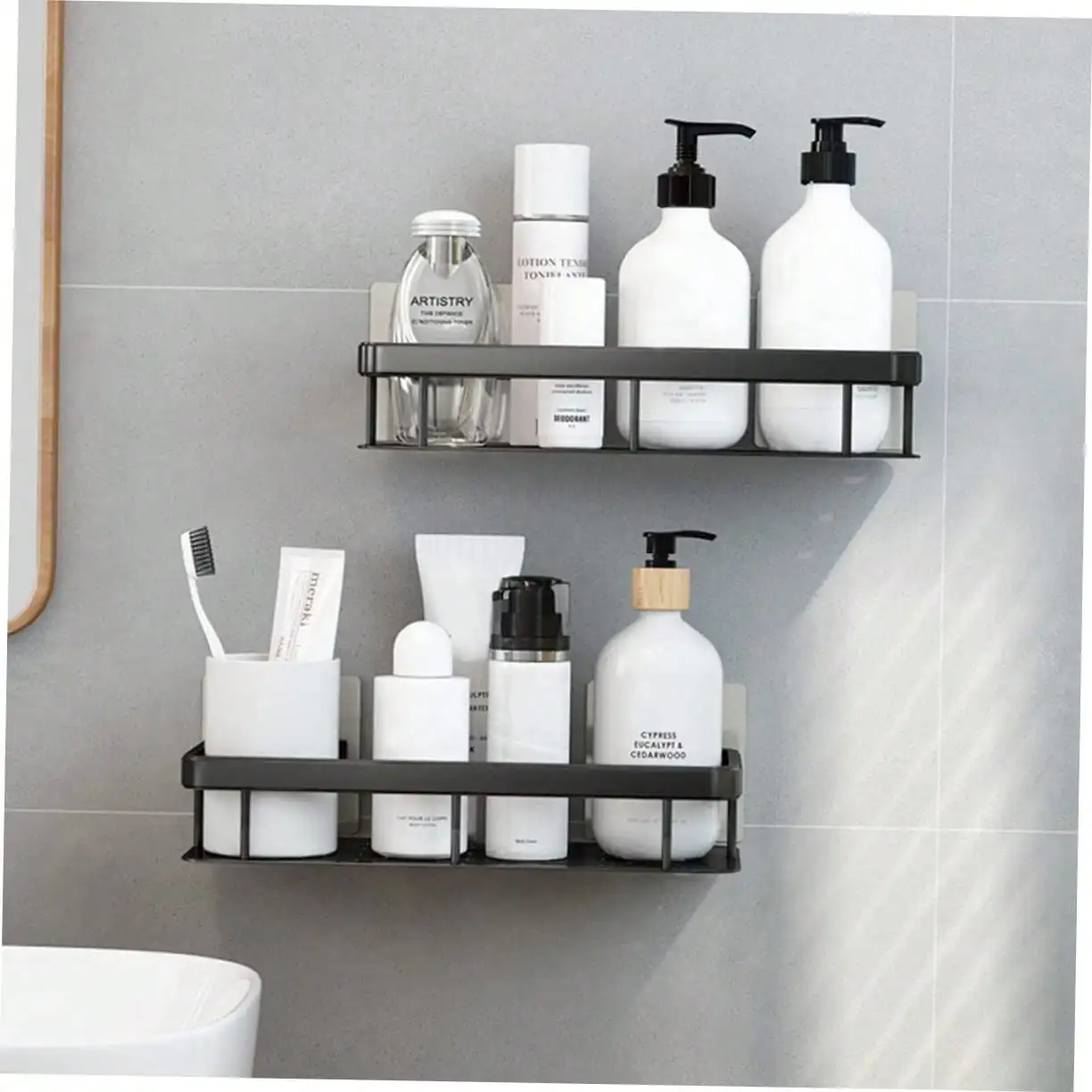 1/2pcs Drill-Free Wall Mounted Bathroom Storage Shelf Bathroom Shelf No Drill Wall Mounted Shampoo Bottle Shower Corner Rack Toilet Storage Rack Aluminum Bathroom Kitchen Accessories