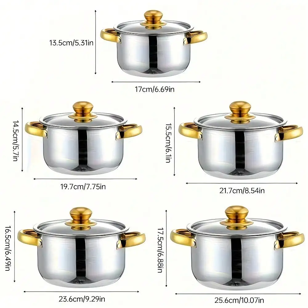 TAIMASI [10pcs Stainless Steel Pot Set] 10pcs Stainless Steel Pot Set, Multi-Size Cooking Pots With 5 POTS + 5 LIDS | Deep Stock Pot, Suitable For Home And Restaurant Cooking, Soups, Hot Pots, Noodles, Pasta, Seafood Soups Christmas Thanksgiving Kitchen