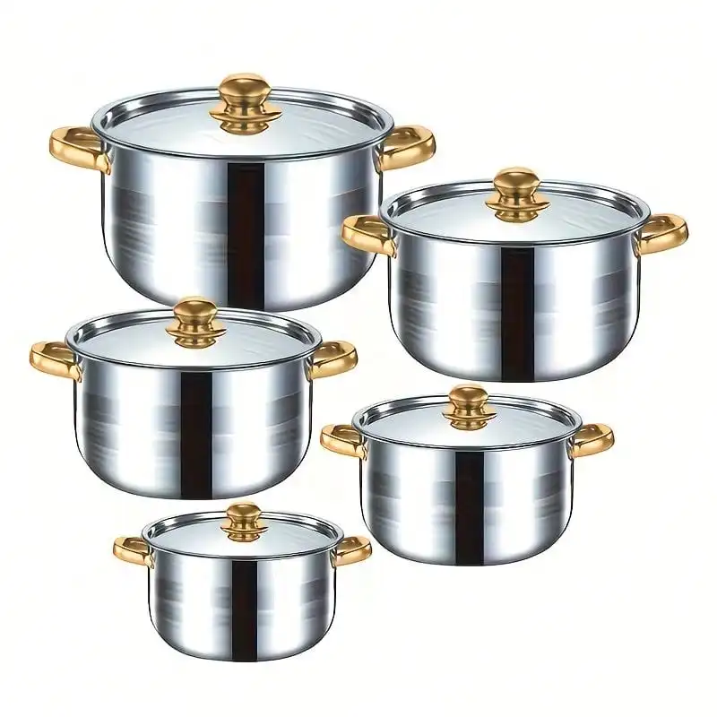 TAIMASI [10pcs Stainless Steel Pot Set] 10pcs Stainless Steel Pot Set, Multi-Size Cooking Pots With 5 POTS + 5 LIDS | Deep Stock Pot, Suitable For Home And Restaurant Cooking, Soups, Hot Pots, Noodles, Pasta, Seafood Soups Christmas Thanksgiving Kitchen
